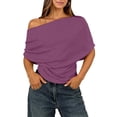 thumbnail image 4 of Glisme Women T-Shirt Solid Color Short Sleeve Asymmetrical One Shoulder T-Shirt Summer Soft Women T-Shirt Size 2XL Purple, 4 of 5