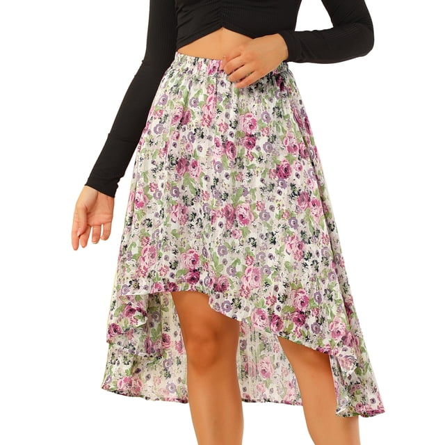 Falda Floral Midi Allegra K de gasa Lúrex con cintura Elástica y dobladillo alto y Bajo Blanco Violeta M