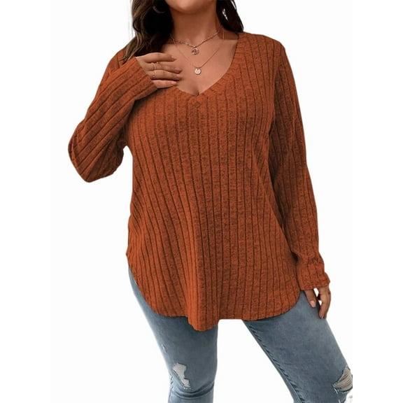 Women'S Plus Size Casual Knitted V-Neck Long Sleeve Sweater Orange Color XXL
