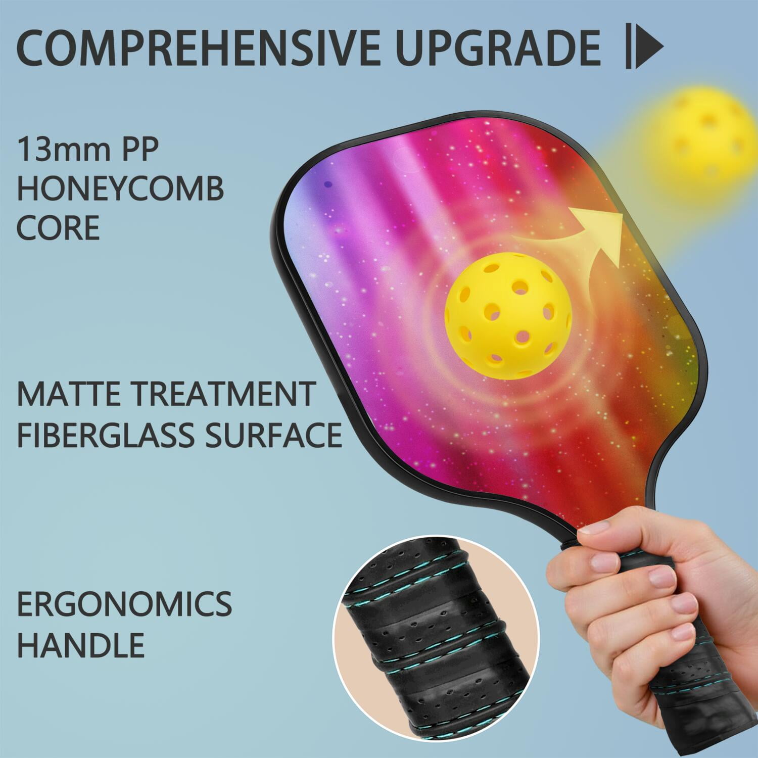 Pickleball Paddles Set Of 1, Fiberglass Surface, Vibrant Rainbow Print, 1 Paddle, 2 Balls & Bag
