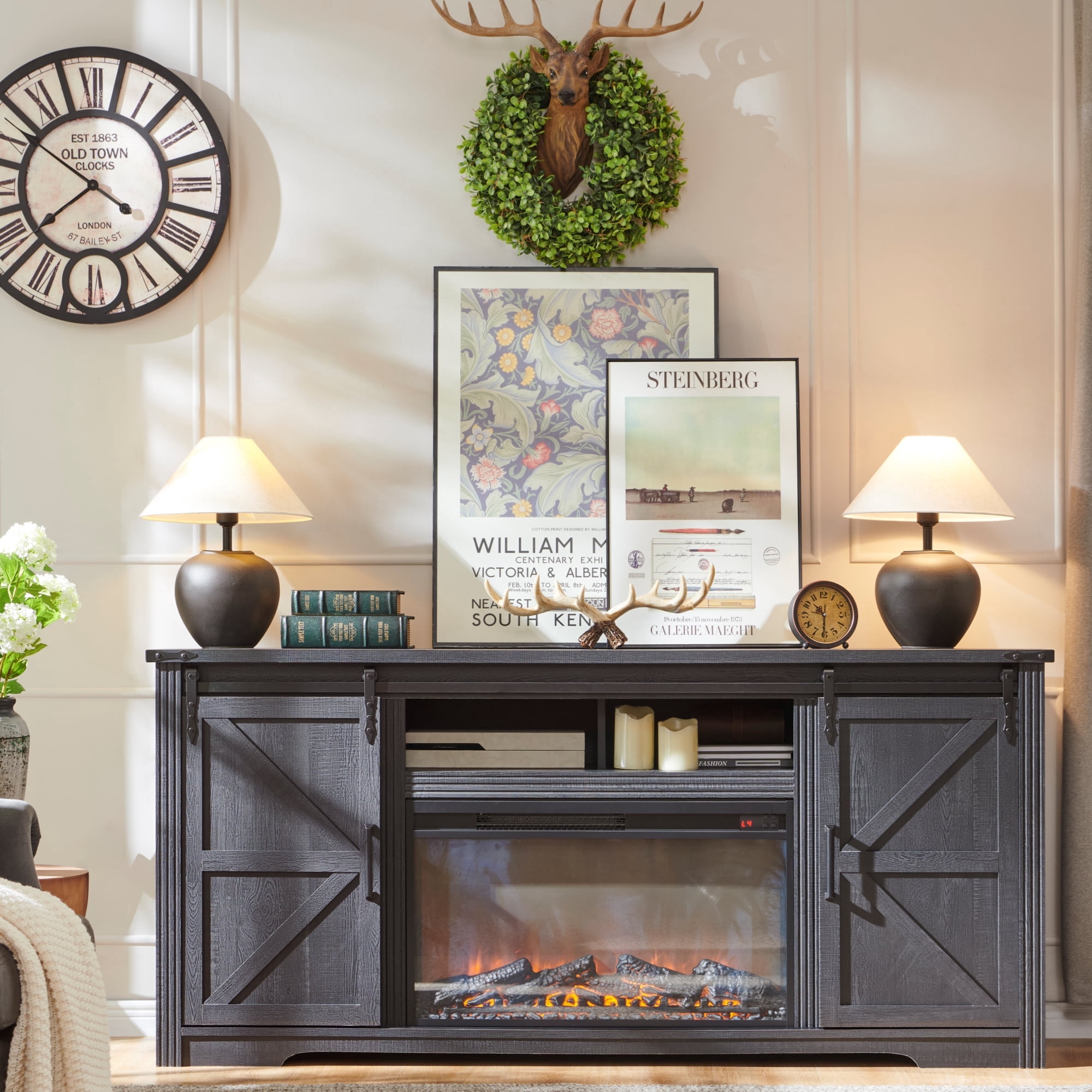 T4TREAM Farmhouse TV Stand for TVs up to 80", Entertainment Center with 30" Electric Fireplace and Sliding Barn Door&4 Drawers Storage Inside, Black