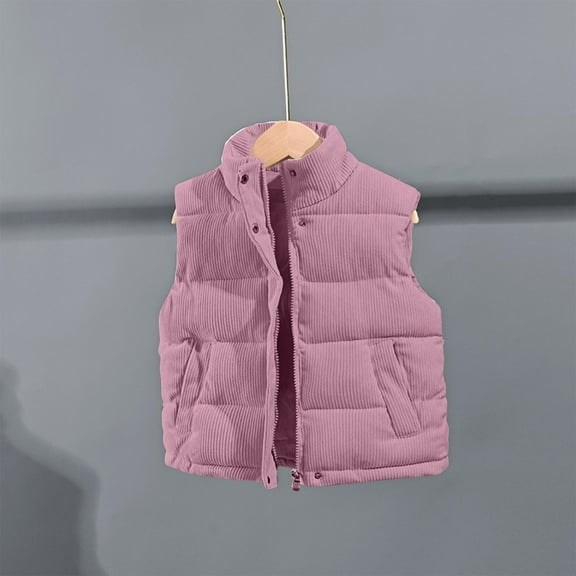 Cuzibr Kids Coats Solid Color Corduroy Quilted Sleeveless Vest Stand Collar Thermal Padded Cozy Soft Zipper Button Windproof Waistcoat Kids Outwear,Pink,3-4 Years