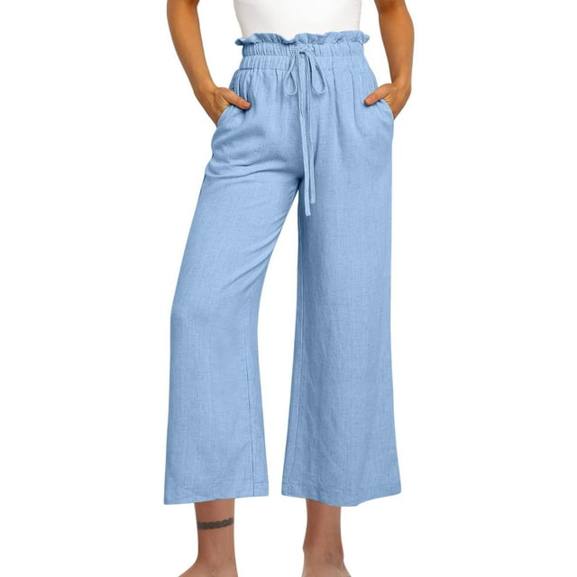 AherBiu Linen Pants Women High Waisted Wide Leg Slacks Relaxed Fitted Fall Cropped Trousers with Pockets