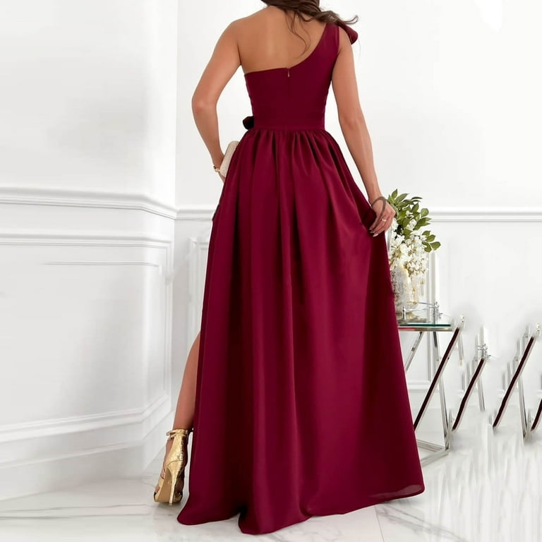 Iroinnid Wedding Guest Dresses for Women Homecoming Party Summer Solid Slimming One Shoulder Ruffles Split Dresses Trendy Formal Dress,Burgundy,