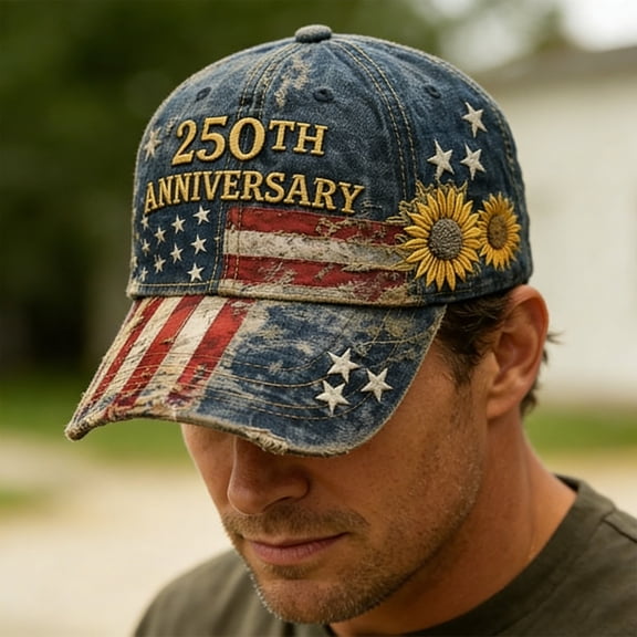 America 250th Anniversary Baseball Cap, Patriotic Washed Denim Sunflower Hat, 4th of July Vintage Flag Embroidery Cap, for Outdoor Daily Wear, 22 Inch