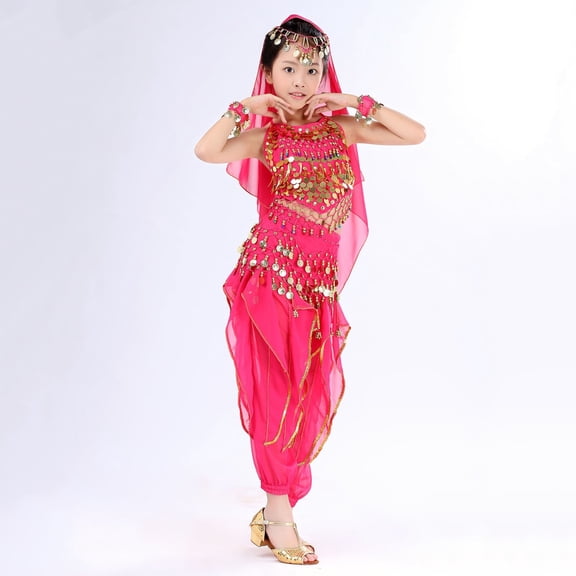 Complete Kids Belly Dance Outfit - Hot Pink 100% Polyester for Girls 5-13 Years with Coin Embellishments & Flowy Harem Pants, Full Performance Ensemble,Size 7-9 T