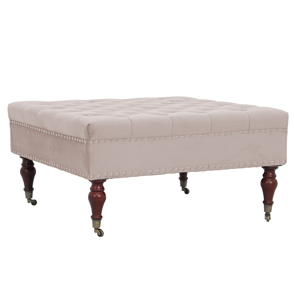 Abble 34in Square Beige Tufted Upholstered Indoor Cocktail Ottoman Living Room Coffee Table with Wheels