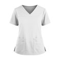 thumbnail image 3 of 2 Pocket Scrub Tops for Women V Neck Short Sleeve Stretch Work Top with Side Slits Crafted from 4 Way Stretch Soft Durable Easy Care Fabric, #02 White, L, 3 of 4