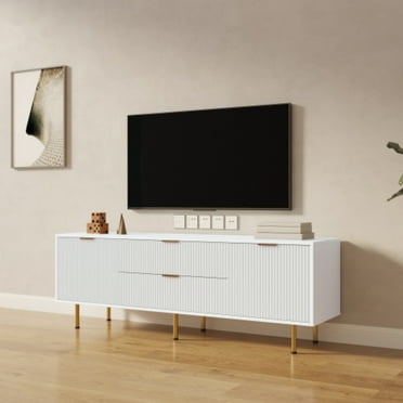 63" Warm White TV Stand for 65" TVs - Modern Media Console with 2 Drawers, Slim Entertainment Center for Living Room & Bedroom