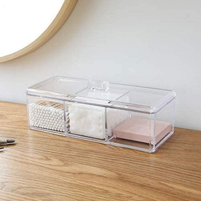 A+Selected Qtips Cotton Balls Makeup Holder with Lid, Acrylic Organizer 3  Section Drawer Tray and Storage for Cotton Swabs, Q-Tips, Make Up Pads