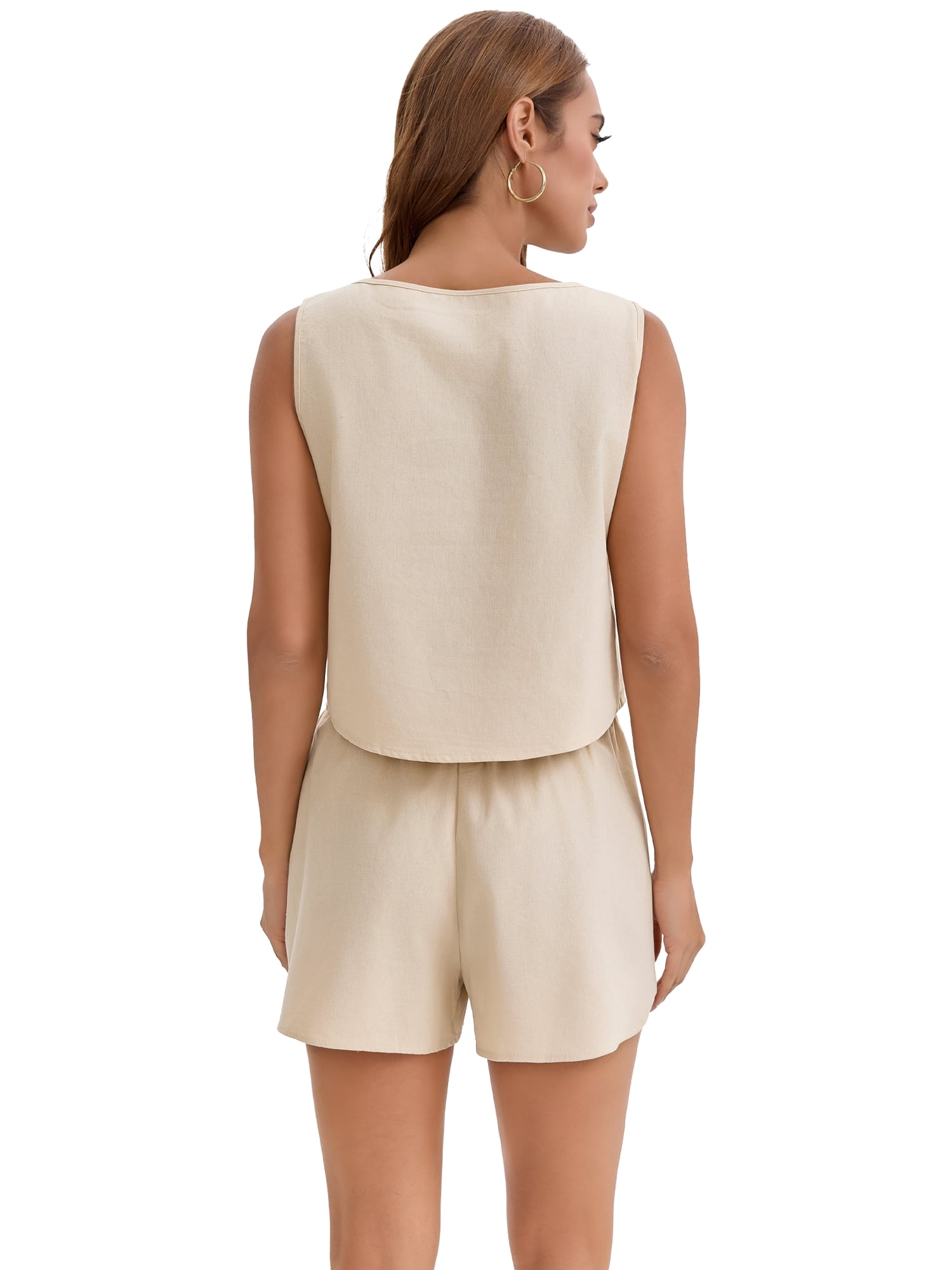 DARING DIVA Women's Linen Sets Outfits Sleeveless Tank Top High Waisted Shorts L Khaki
