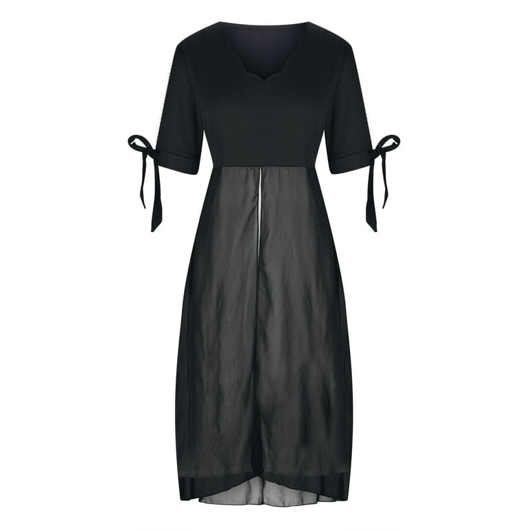 Finelylove Spring Dress Plus Size Sexy Maxi Dress V-Neck Solid Short Sleeve  Sun Dress Black 