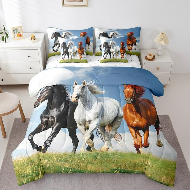 YST Queen Horse Comforter Set 7 Pieces, Galloping Steed Reversible Bed In A Bag, Farm Animal Bedding Set With Western Cowboy Comforter, Rustic Farmhouse Flat Sheet, Fitted Sheet, Pillowcases