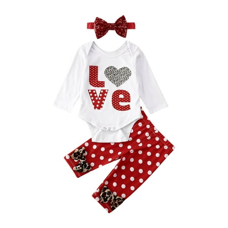 

Valentine s Day 3pcs 0-18M Newborn Baby Girl Clothes Polka Dot LOVE Romper Tops Leopard Bow Pants Headband Outfits Set
