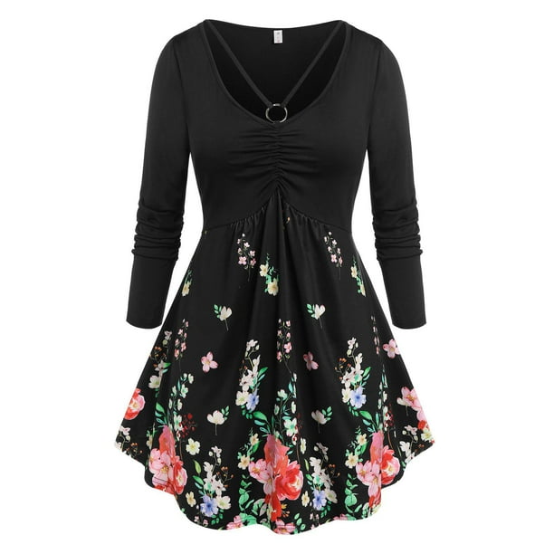 Camiseta Acanalada Diseño Impreso Floral Tamaño Grande Rosegal Mangas largas de talla grande
