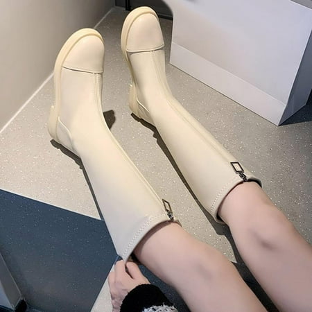 

Tdoqot 2022 Boots for Women- Low-heeled Casual Christmas Gifts Chunky Heel Women s Mid Calf Boots Beige 39