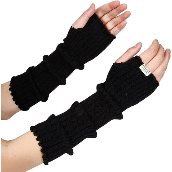 Arm Warmers Long Sleeve Fingerless Gloves Knitted Soft Elbow Length Arm Warmers Comfortable Cloth Gothic Skateboard Punk Sleeves Thumb Hole for Women Men Black 15.4 x 3.4 Inch