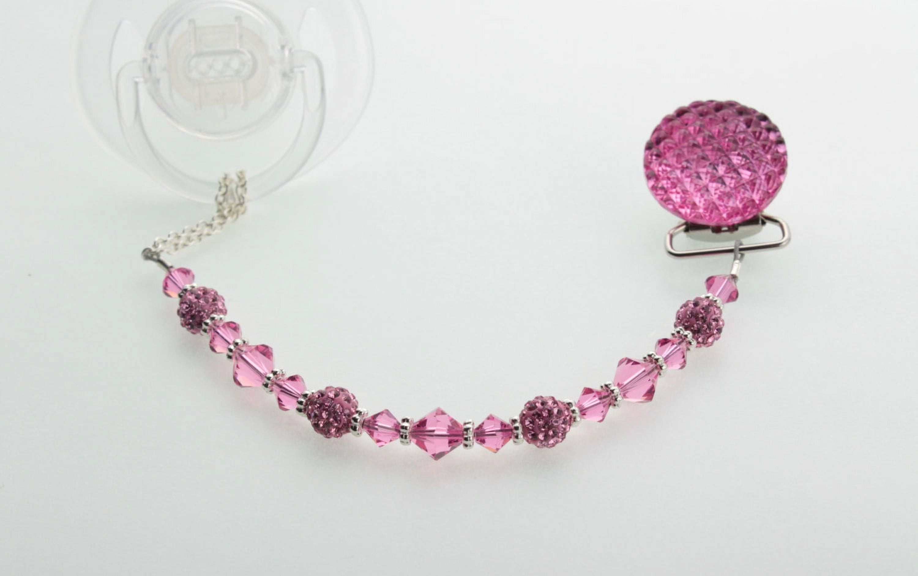 Hot Pink Swarovski Crystal Beads and Sterling Silver Daisy Spacers Pacifier Clip
