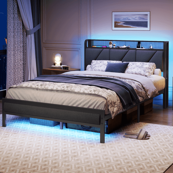 Satifur Full Bed Frame with Upholstered Storage Headboard, Metal Platform Bed Station with Charging Station & LED, Noise-Free. No Box Spring Needed
