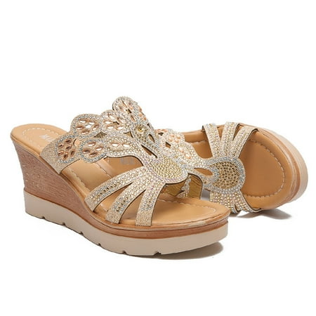 

Awevudst Wedge Slippers for Women Fish Mouth High Heel Rhinestone Platform Shoes
