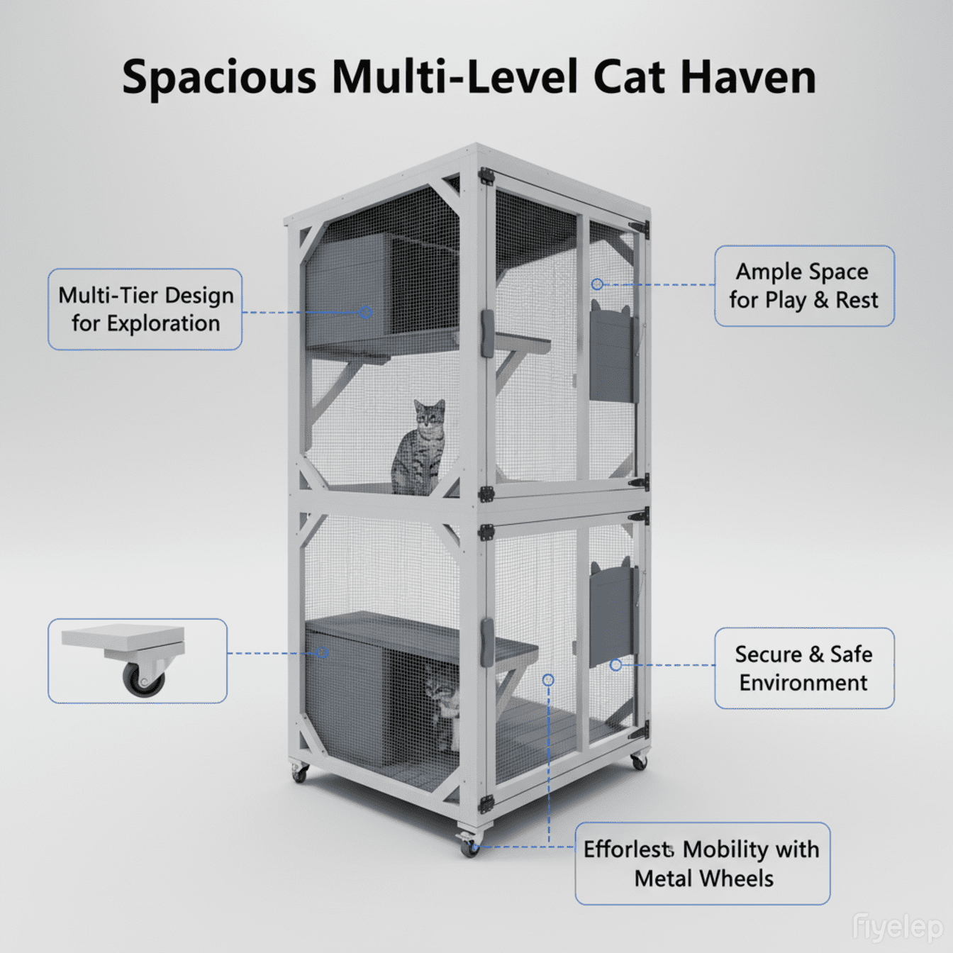 ANYKOON Portable Cat Enclosure Catio  with Wheels 74.8" Large Outdoor Cat Enclosure, Multi-Level Cat Playpen with Lockable Doors & Easy-Clean Tray for Indoor/Outside Use