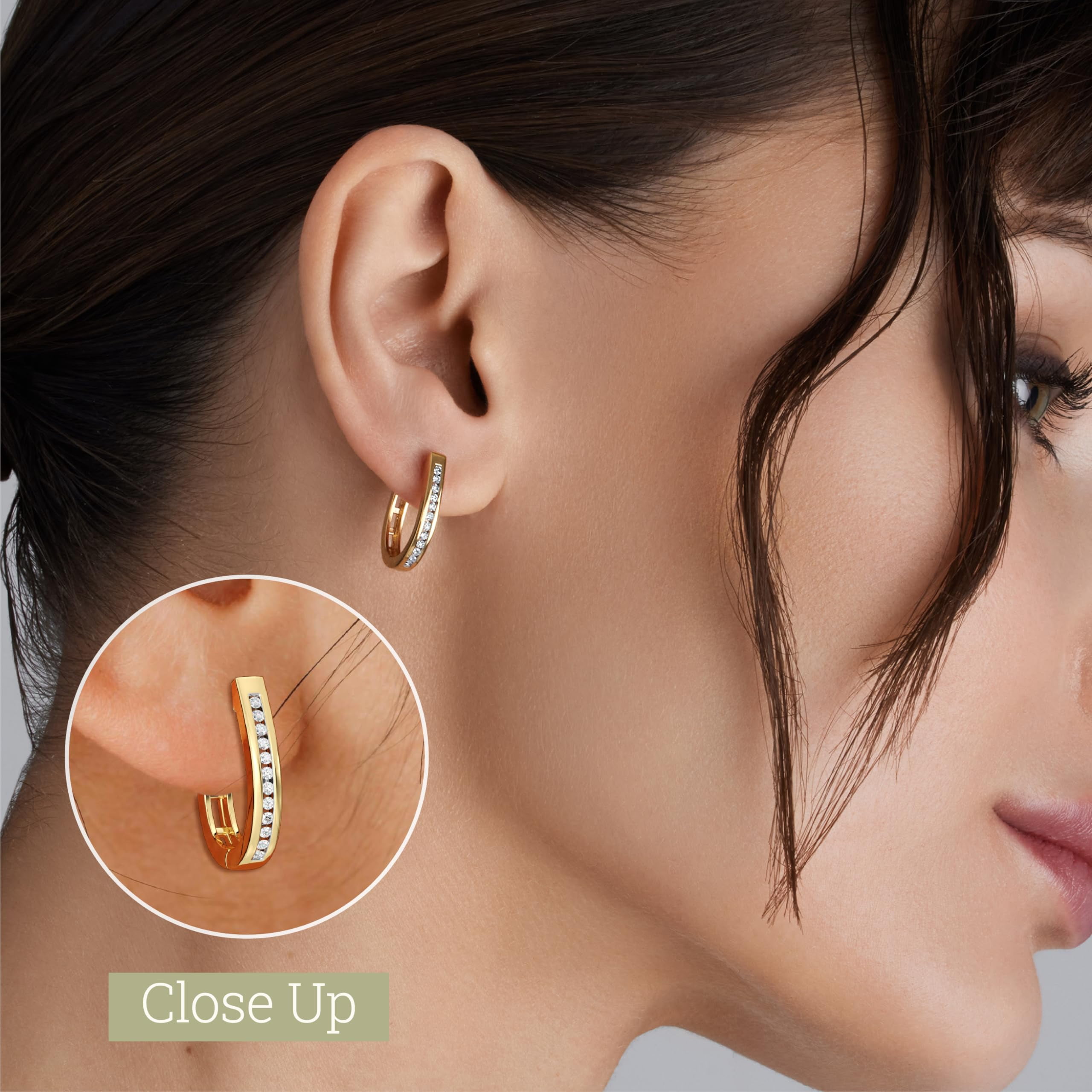 Gilded 1/4 Carat Total Weight Lab-Grown Diamond Channel Set Hoop Earrings for Women in 14KT Gold Plated Sterling Silver | Hypoallergenic Fine Jewelry | Bottom Hinged Closure | SI1 Clarity, F Color