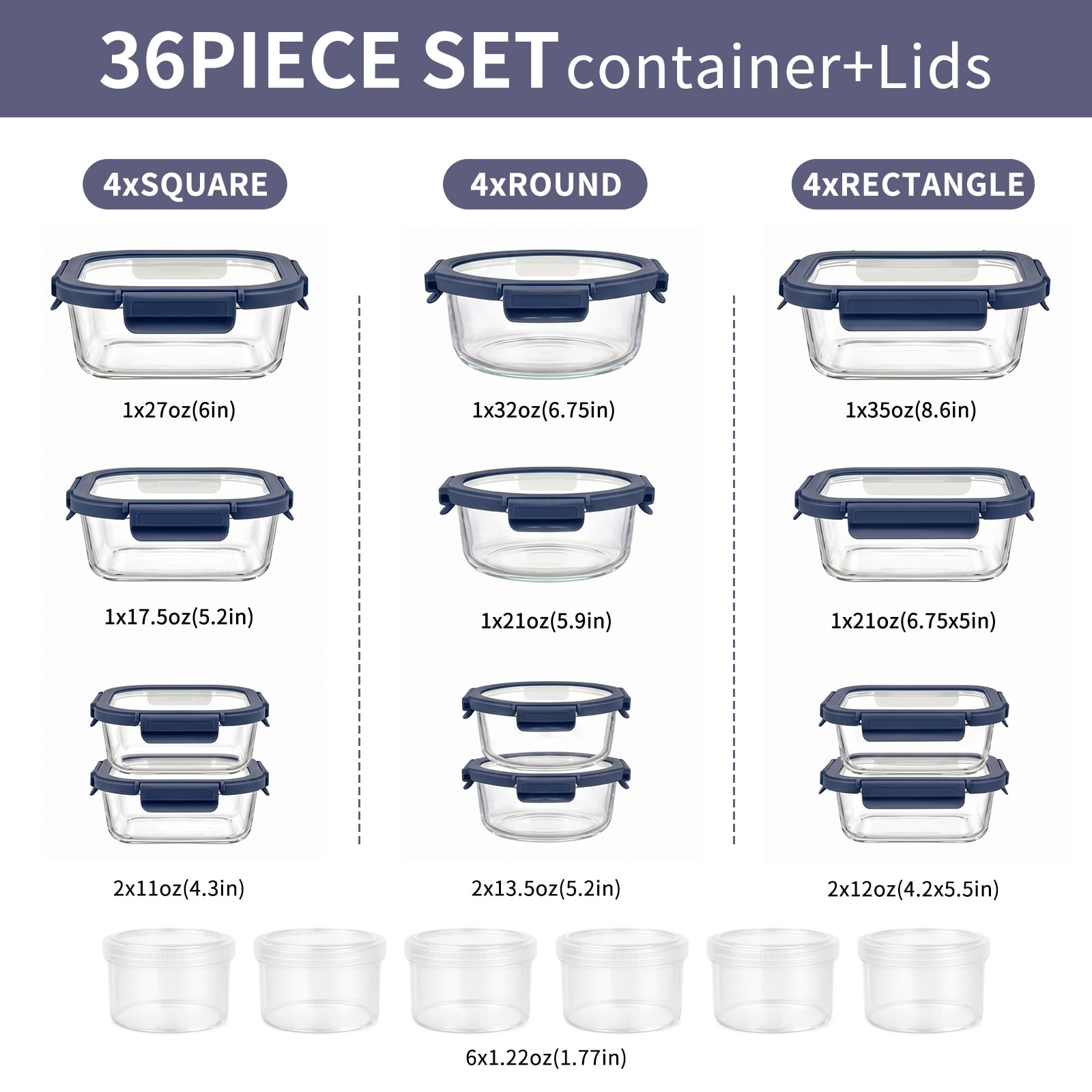 36 Pcs Glass Food Storage Containers with Tempered Lids Set, Borosilicate Oven-Safe(-4°F~950°F), Airtight Meal Prep Lunch Box Containers (18 Containers & 18 Lids), Blue