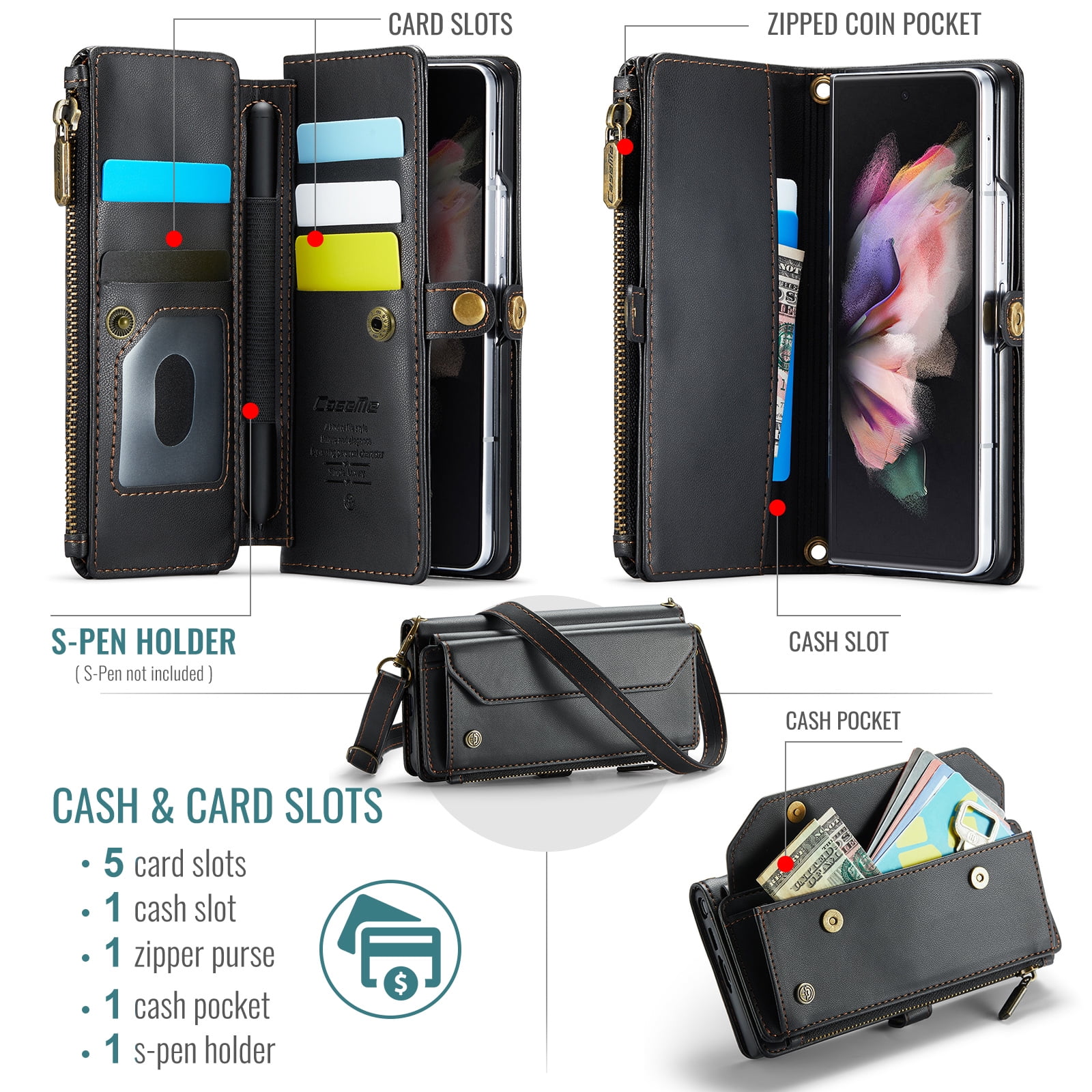 Dteck for Samsung Galaxy Z Fold 6 Case with RFID Blocking Wallet Case for Women Men, Shockproof PU Leather Magnetic Flip Strap Zipper Card Holder Phone Case,Black