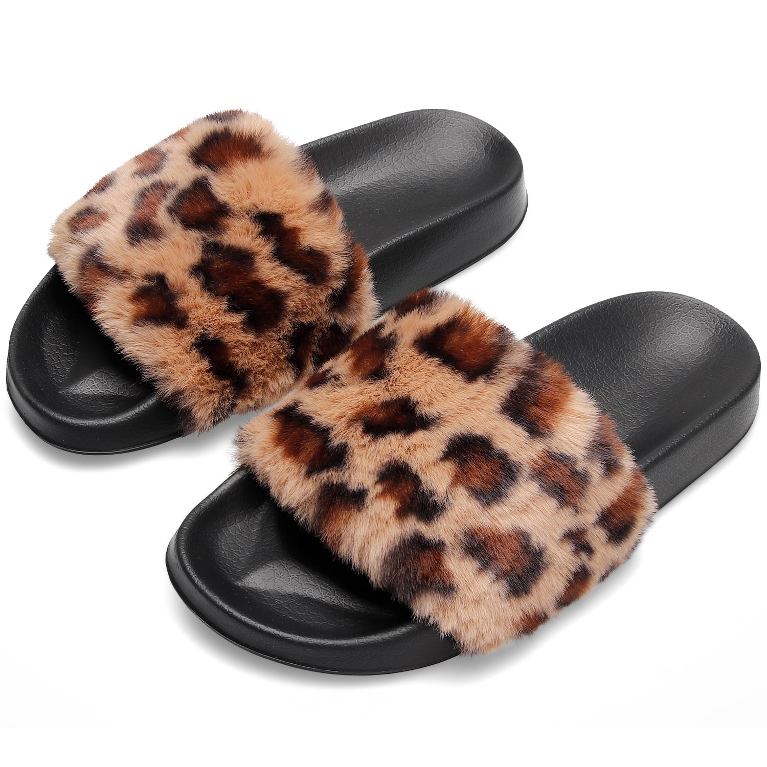 Fur Story Womens Faux Fur Slides for Outdoor Furry Leopard Print Fur Slipper