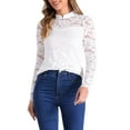 thumbnail image 1 of Blusa de encaje semitransparente Inspire Chic para mujer, de manga larga, cuello redondo, estilo casual vintage, color blanco, 1 of 6