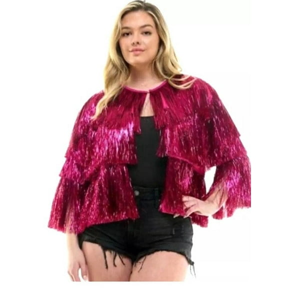Womens Sequin Fringe Bomber Jacket Sparkly Tassel Hem Long Sleeve Open Front - Adult Plus