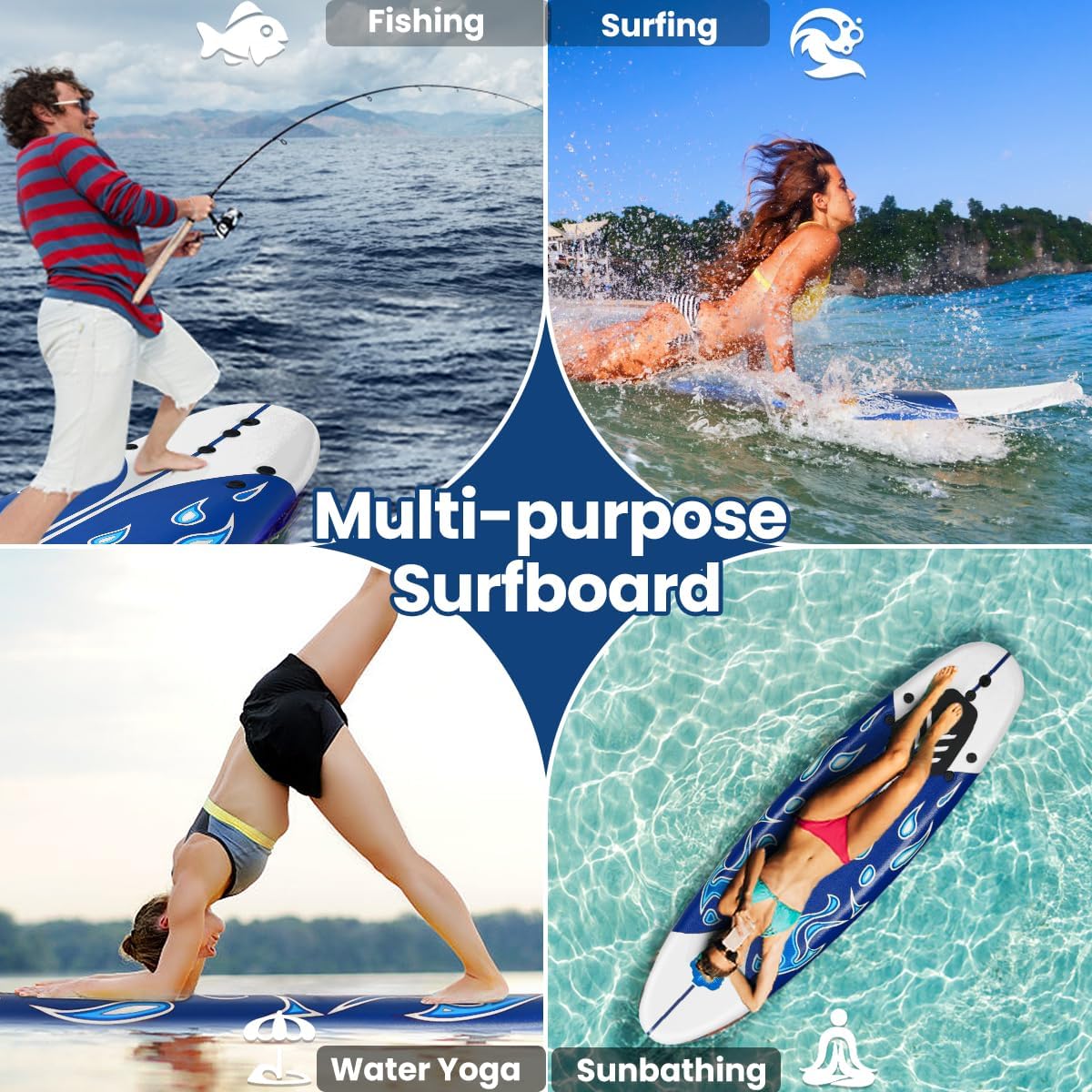 6' Surfboard, Surfing Board with 3 Removable Fins, Safety Leash, EPS Core & EPE Deck, Lightweight Surf Board for Teenagers, Adults, Beginners