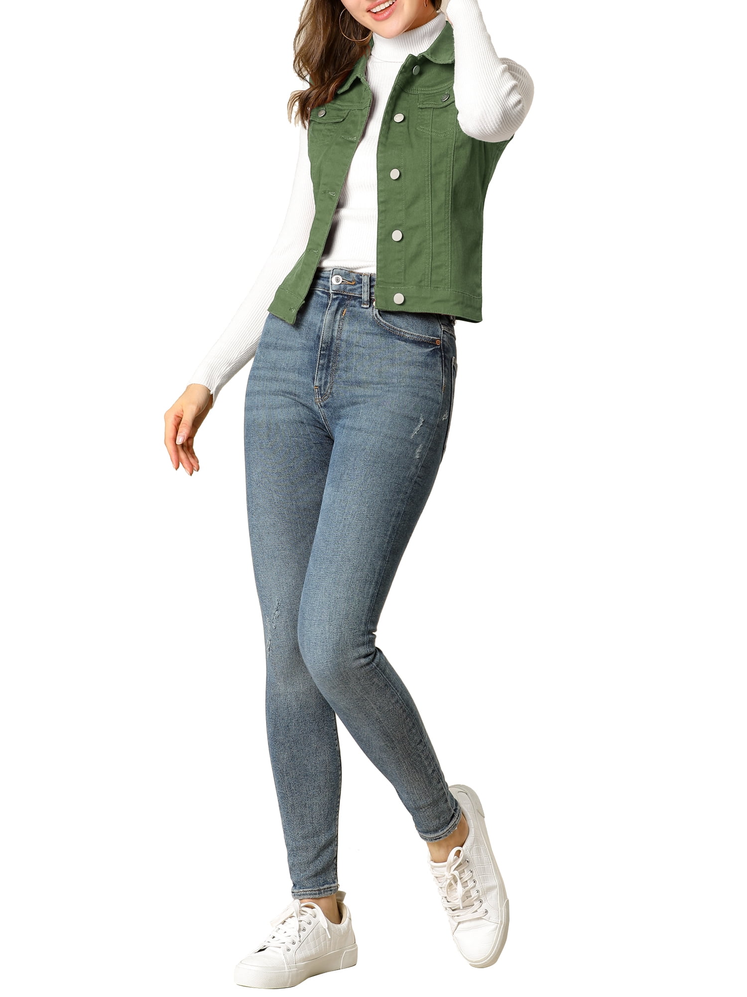 DARING DIVA Women's Denim Sleeveless Flap Pockets Vest Jacket S Olive Green