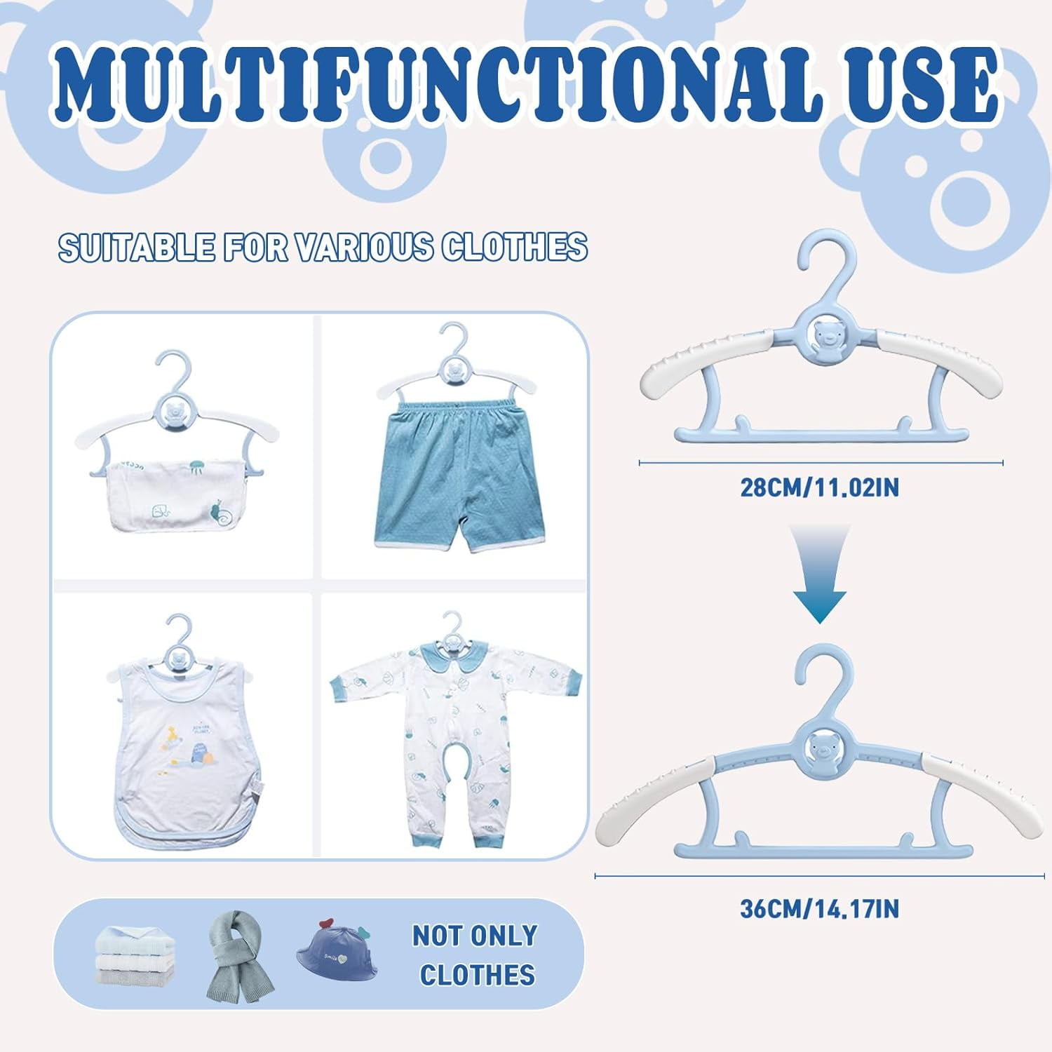 Kids Hangers 11"-14" Adjustable Plastic Baby Boy Hangers 20 Pack, Toddler Bear Hanger for Children's Clothes Sweaters, Infant Hangar for Closet with Non-Slip Shoulder Grooves & Pants Bar, Blue