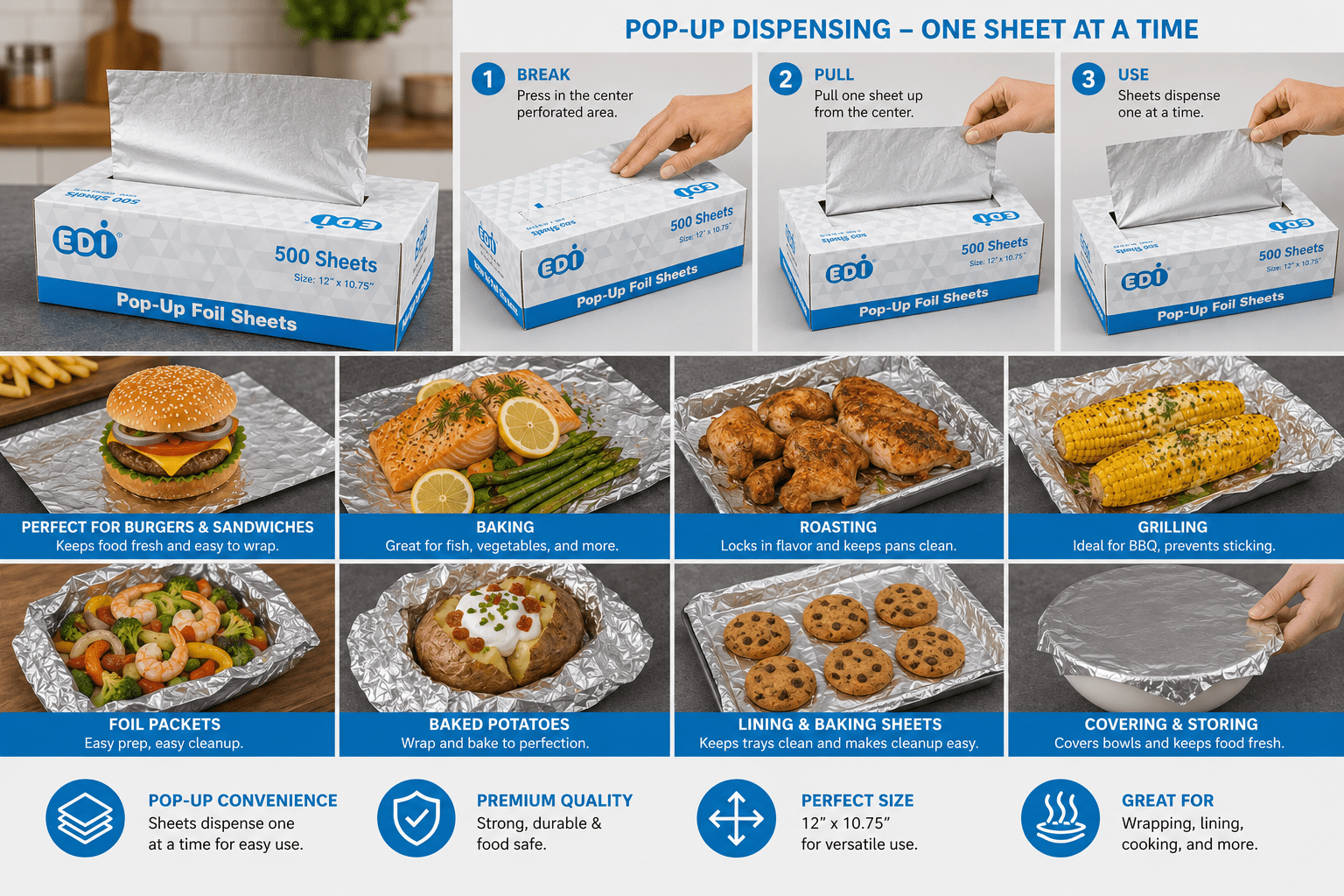 EDI Heavy Duty Aluminum Foil - Pop Up Sheets (12" x 10.75", 500)