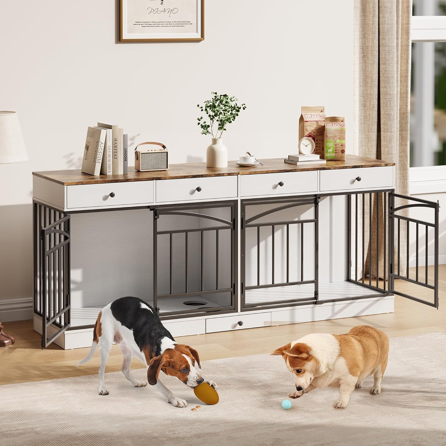 IdealHouse Double Dog Crate Furniture for 2 Dogs, Indoor Pet Kennel TV Stand with 4 Storage Drawers & Feeding Bowls, for Small/Medium Dogs, White