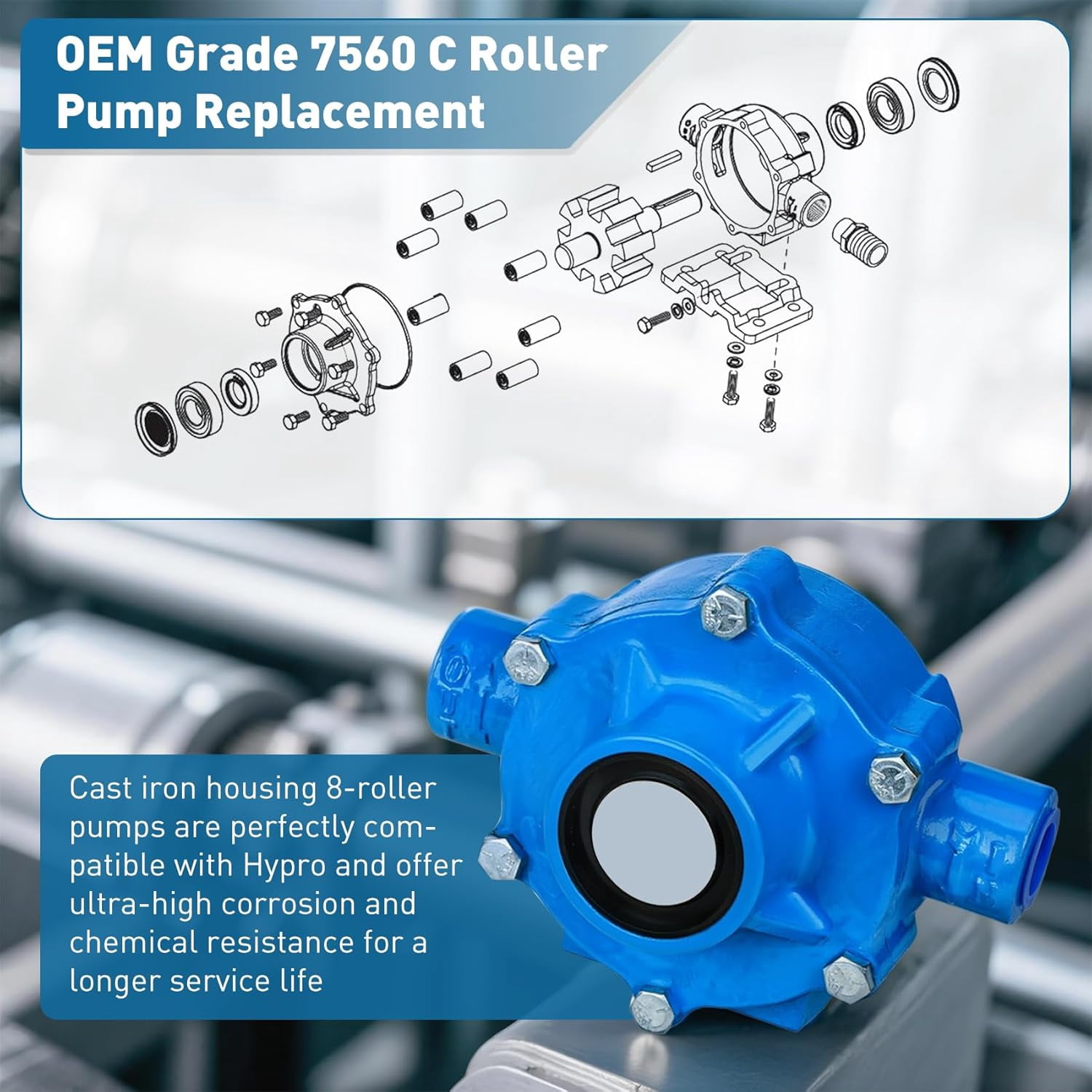 7560C Cast Iron 8 Roller Pump Compatible with Hypro 7560C, 22.5GPM, 300PSI Max Pressure, 3/4" NPT, 15/16" Solid Shaft for Agricultural Industry