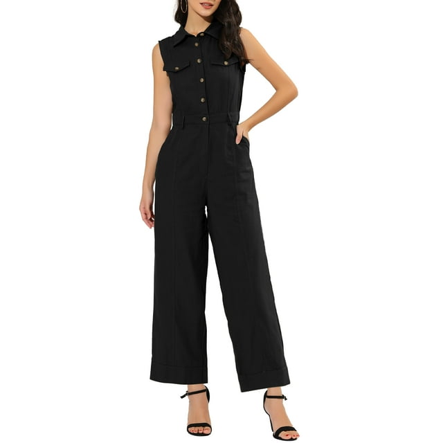 INSPIRAR CHIC Mono sin mangas con botones y lazo en la cintura para mujer, negro