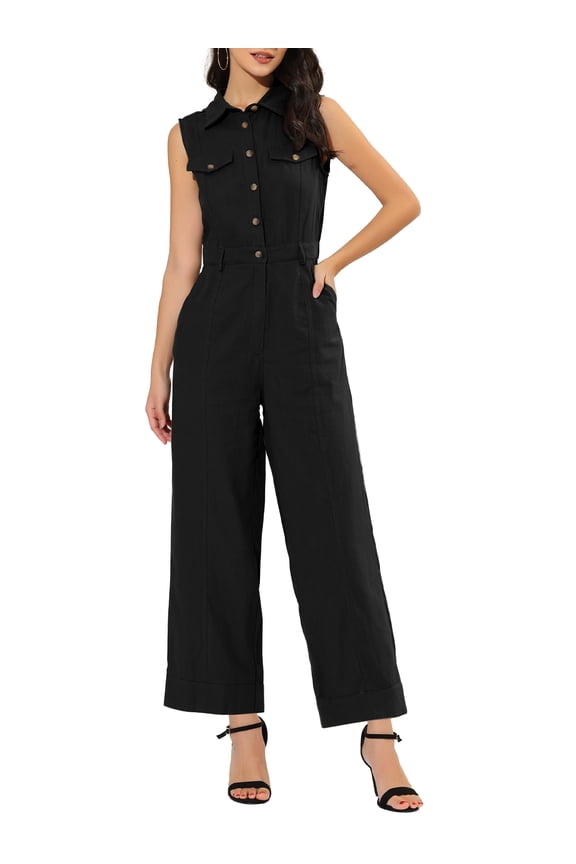 Women's Ankle Tie Waist Workwear Button Front Sleeveless Jumpsuit S Black