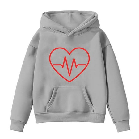 Otqutp Teen Girl s Fall/Winter Valentine s Day Letter Printed Padded Hooded Pullover Tops Throwback Pocket Pullover Sweatshirt Cute Hoodie(Grey-A 3-4 Years)