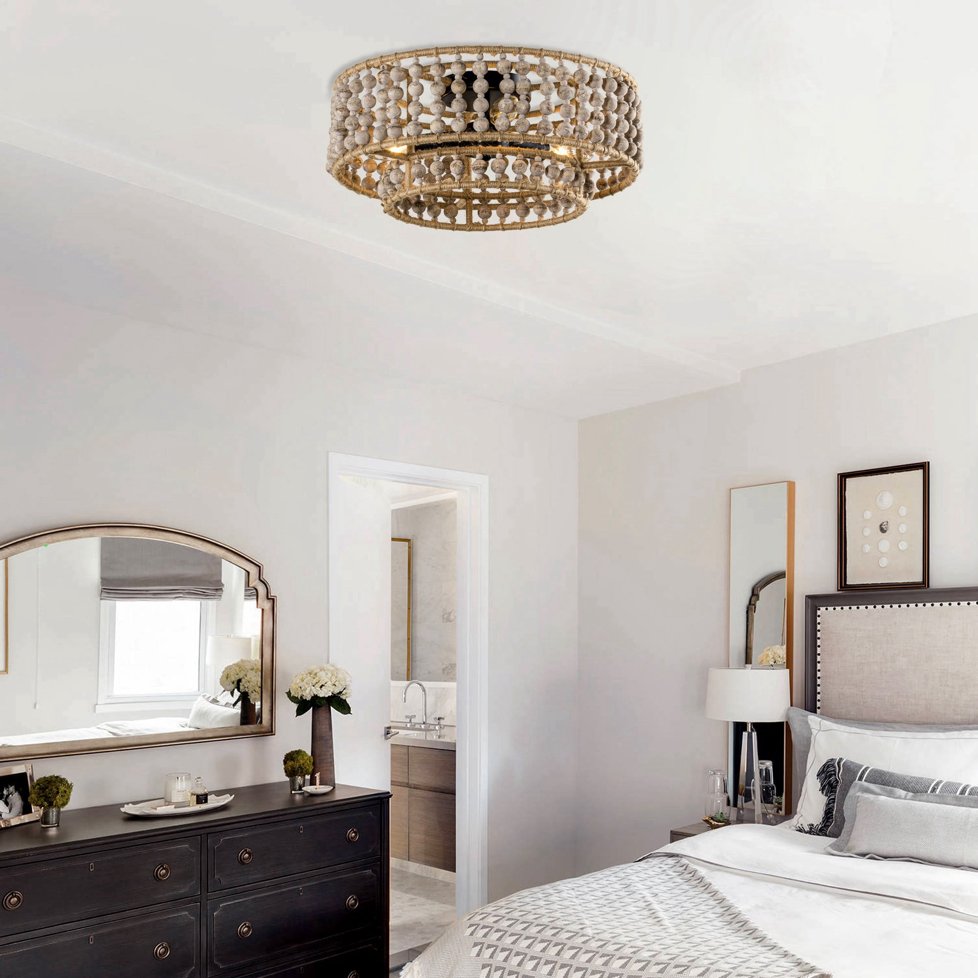 Parrot Uncle 16 inch Bohemia Flush Mount Ceiling Lights Wood Beaded Chandelier Ceiling Light Fixtures for Bedroom with 3 Lights, bulbs and switch not included