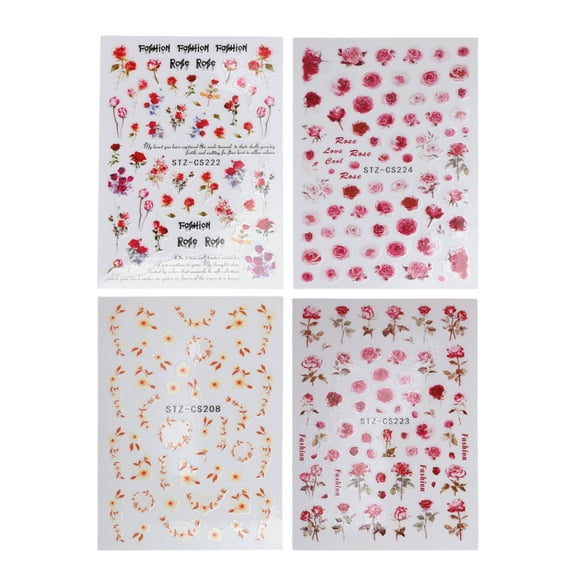 Unique Bargains 4 Pcs Self-Adhesive Floral Pattern  Nail Art Stickers Red Pink