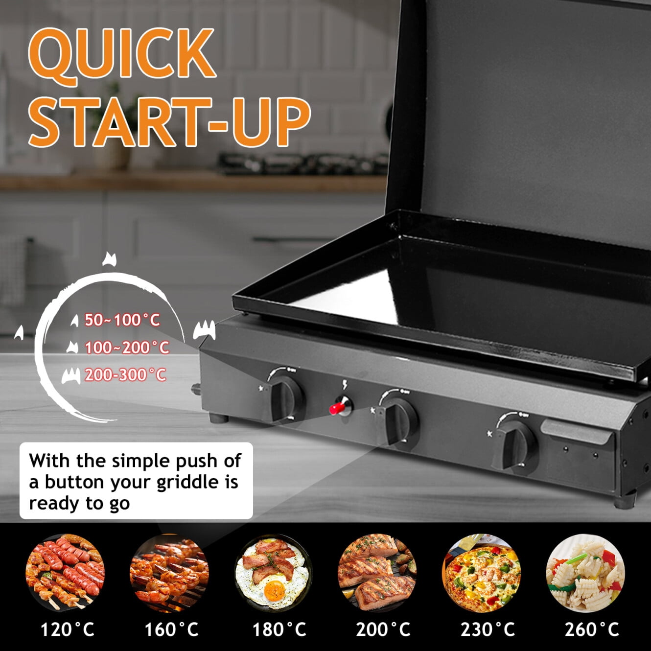 3-Burner Flat Top Gas Griddle, Portable Cooking Station with Ceramic Coated Cast Iron Pan, 30,000 BTU Propane Tabletop Griddle for Outdoor, Barbecue, Backyard, Cookout, Black