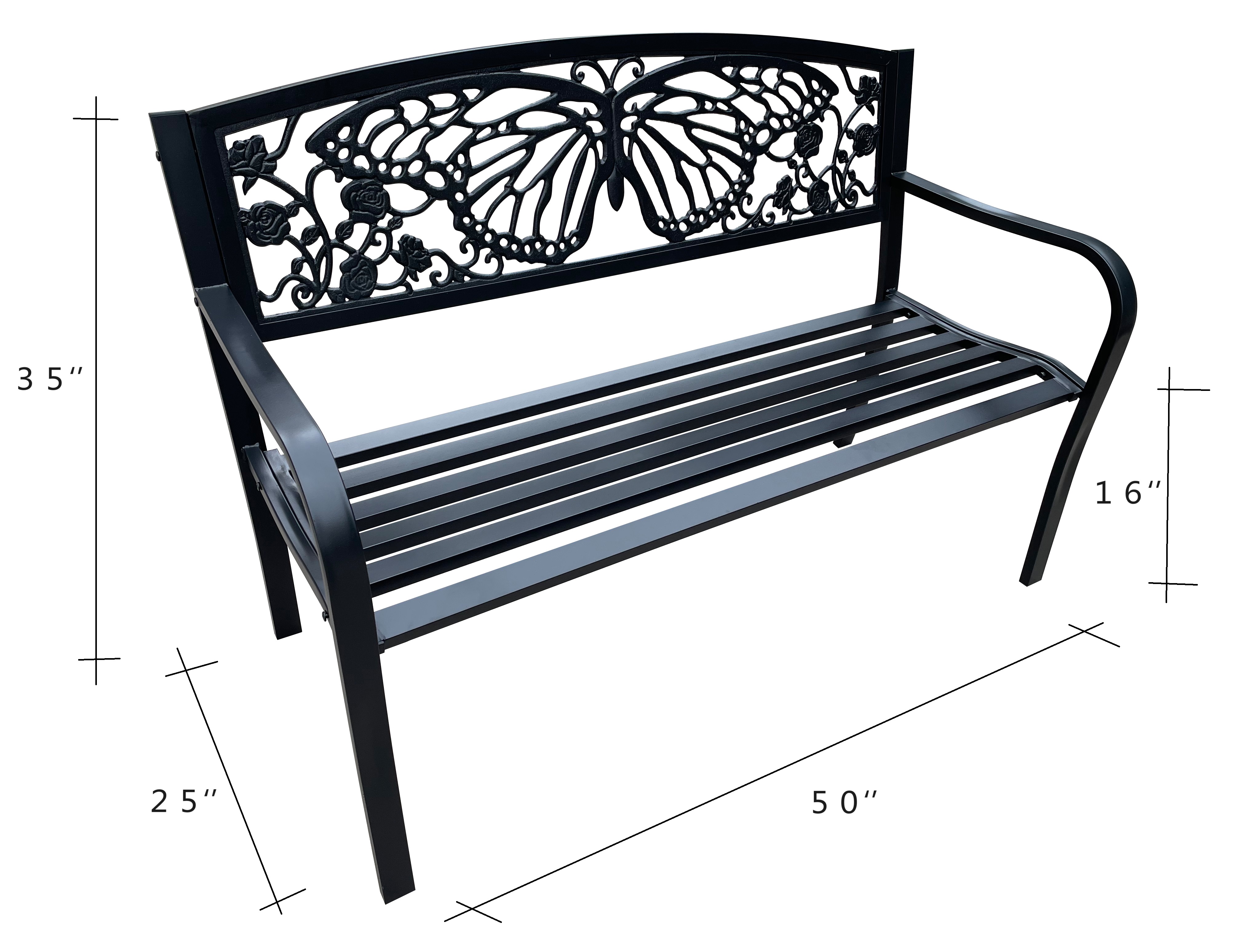 50" Outdoor Metal Garden Bench with Butterfly Backrest Design - Black