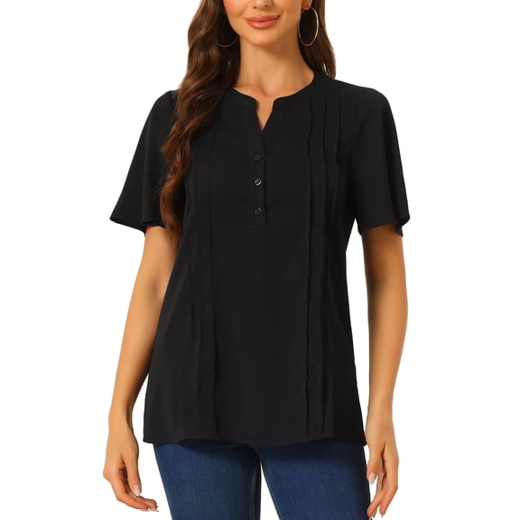 Unique Bargains Women Dressy Tops V Neck Button Down Shirts Work Short Sleeve T Shirt S Black