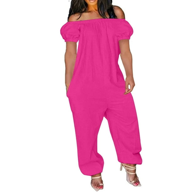 Womens Summer OffShoulder Jumpsuits Strapless Short Puff Sleeve Baggy