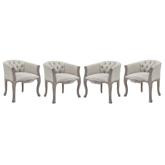 Industrial Country Cottage Farm Beach House Dining Kitchen Room Side Chair Armchair, Set of Four, Fabric Wood, Beige