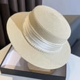 thumbnail image 2 of Women's Straw Boater Hat Elegant Flat Top Sun Hat with Pearl Tie & Satin Band Wide Brim Summer Beach Hat for Travel, 2 of 5