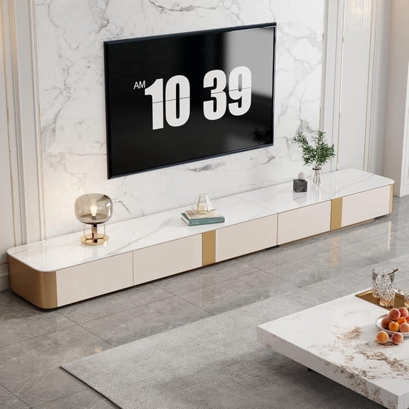 118" Modern TV Stand for Living Room, Floor Entertainment Center with Storage Drawers, Large TV Console with Sintered Stone Top, Modular Media Console for 75  Inch TVs