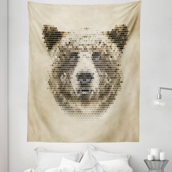 Bear Tapestry, Wild Animal Head with Hexagonal Dots Blurry Looking Portrait Vintage Geometric Modern, Fabric Wall Hanging Decor for Bedroom Living Room Dorm, 5 Sizes, Tan Brown, by Ambesonne